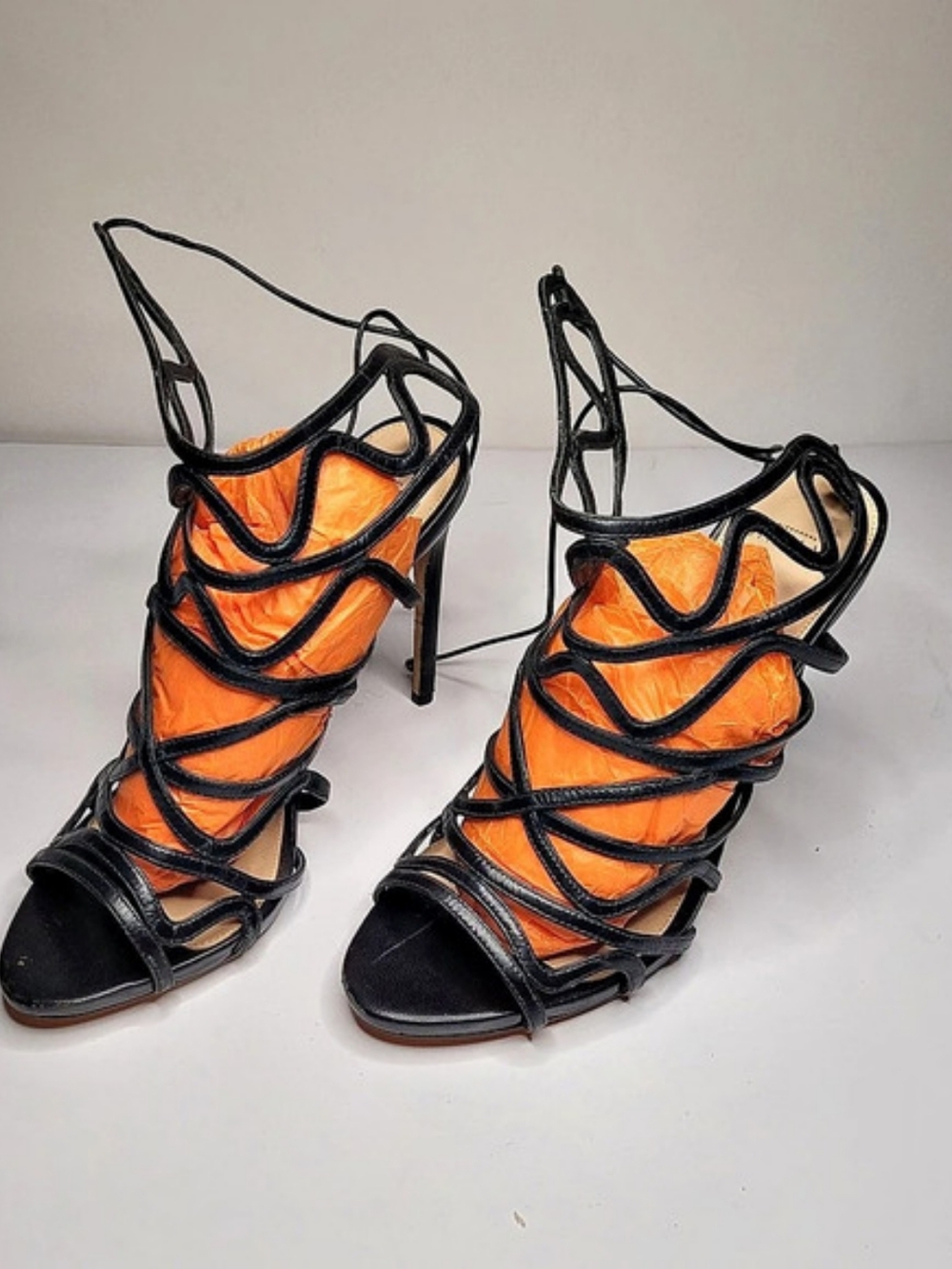 Alexandre Birman Black Leather Caged Lace-Up Stiletto Sandal Heels Sz: EU 38/US8